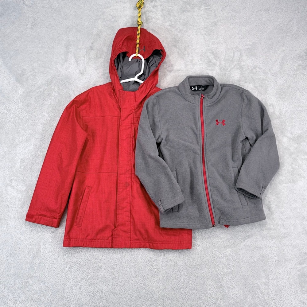 Under Armour 3-in-1 Storm Jacket Kids Large Red Grey Hooded Fleece Liner Coat